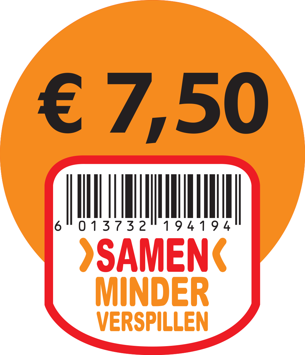 7,50 Euro Sticker Samen Minder (1260 stickers per rol) stickers voor uw winkel of supermarkt!